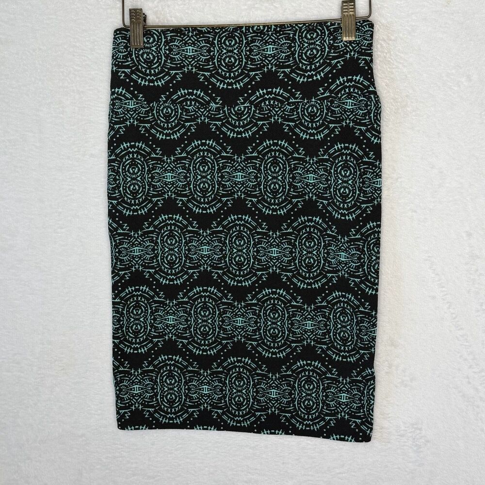 Lularoe Size XS Cassie Pencil Skirt Black With Teal Geometric Print STRETCHY